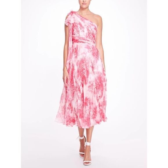 Marchesa one shoulder printed chiffon pleated dress pink US8 - Picture 1 of 10
